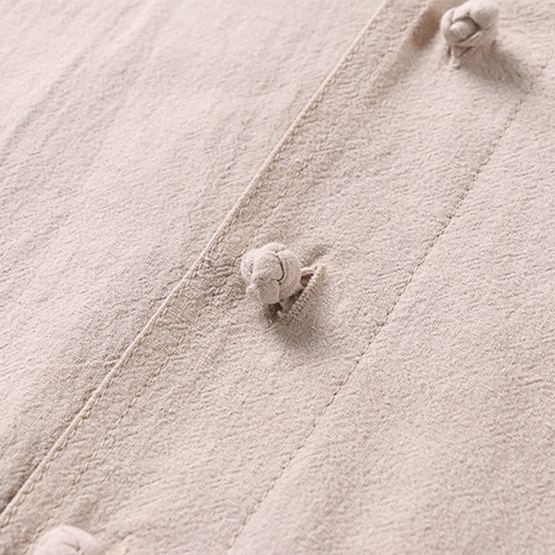 Buddha Stones Camisa informal de lino y algodón con botones delanteros y mangas tres cuartos de color liso para hombre con bolsillos - image 4