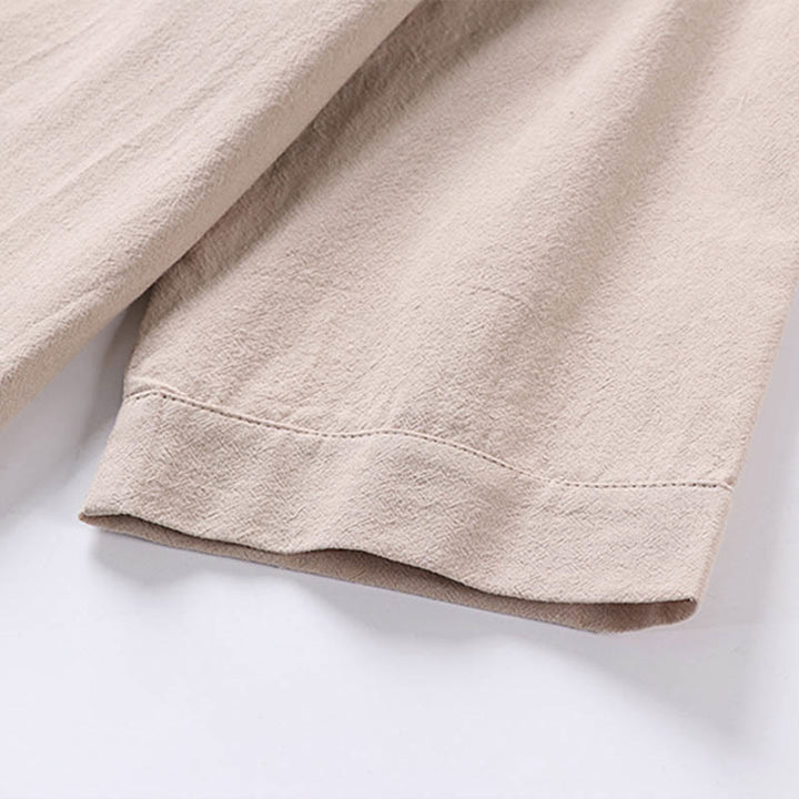 Buddha Stones Camisa informal de lino y algodón con botones delanteros y mangas tres cuartos de color liso para hombre con bolsillos - image 7