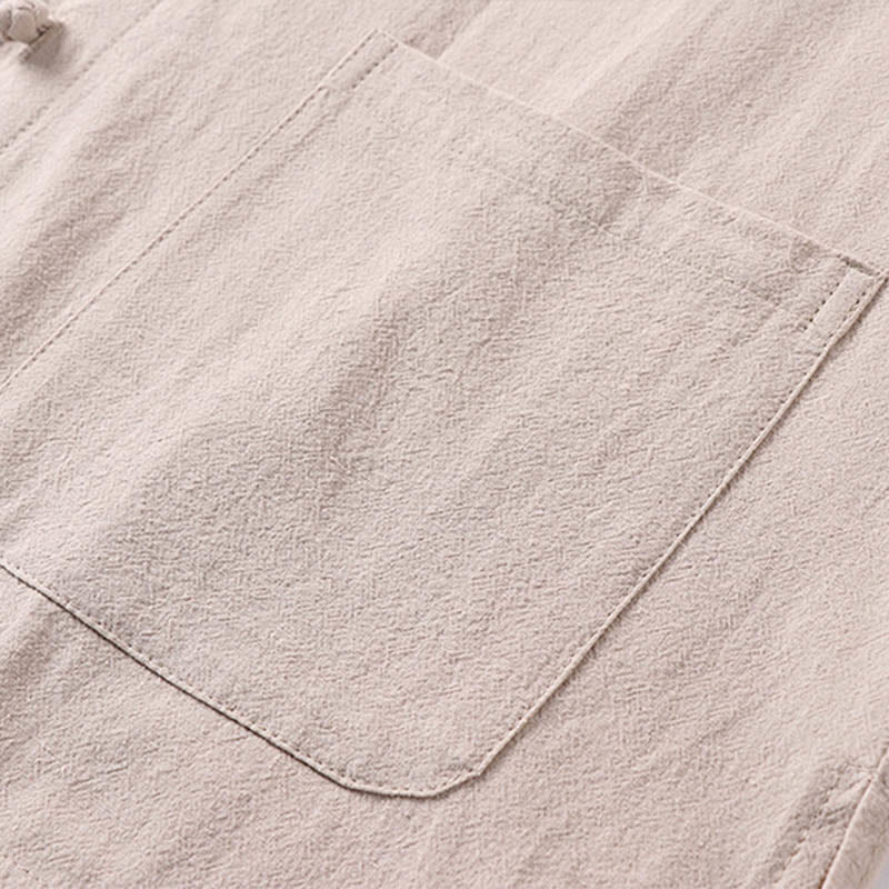 Buddha Stones Camisa informal de lino y algodón con botones delanteros y mangas tres cuartos de color liso para hombre con bolsillos - image 6