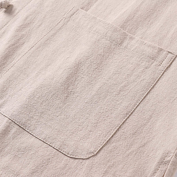 Buddha Stones Camisa informal de lino y algodón con botones delanteros y mangas tres cuartos de color liso para hombre con bolsillos - image 6