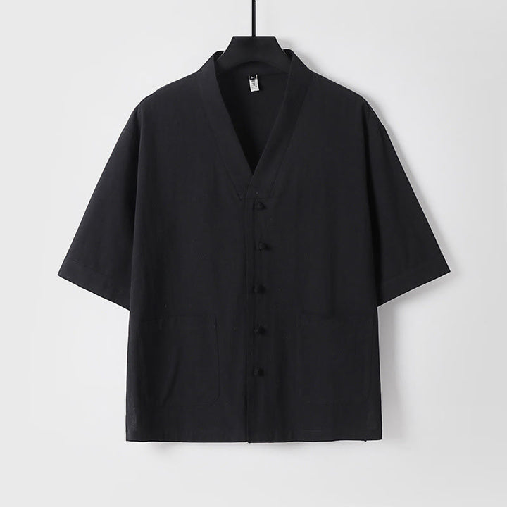 Buddha Stones Camisa informal de lino y algodón con botones delanteros y mangas tres cuartos de color liso para hombre con bolsillos - Negro - US/UK/AU54, EU64 (9XL) - image 11