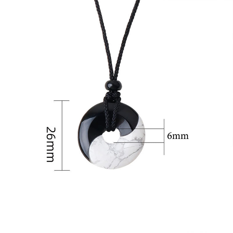 Collar con colgante de fuerza con cuerda trenzada y diseño de hebilla de paz Yin Yang con obsidiana negra natural y turquesa blanca y Buddha Stones
