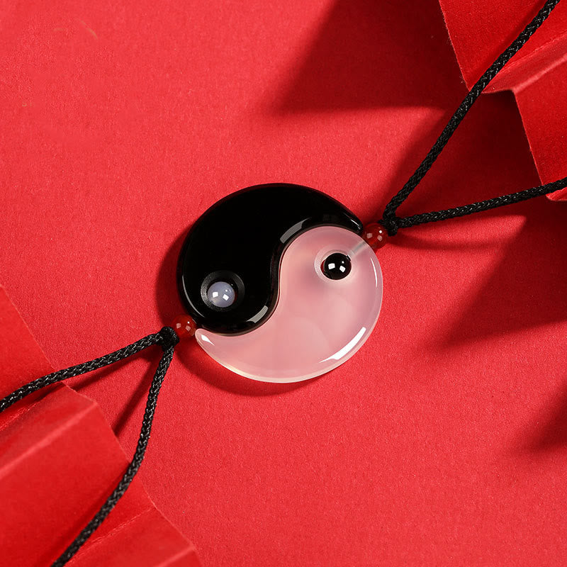 Collar con colgante de pareja de la suerte con diagrama de Yin Yang Tai Chi y piedras de Buddha Stones, ónix negro y ágata blanca - image 2