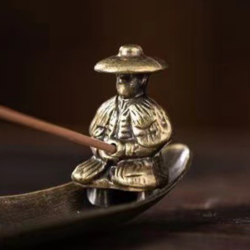 Quemador de incienso de aleación de zinc con forma de pez koi y barco de pescador con Buddha Stones, decoración curativa