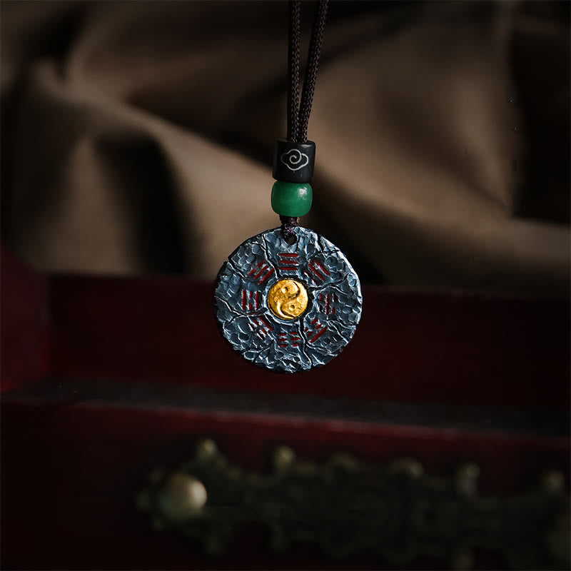 Collar con colgante de armonía con diseño de Yin Yang, Tai Chi, Bagua, oro de 24 quilates y plata de ley 999 con Buddha Stones - Cadena de cuerda de algodón y plata de ley 999 - image 1