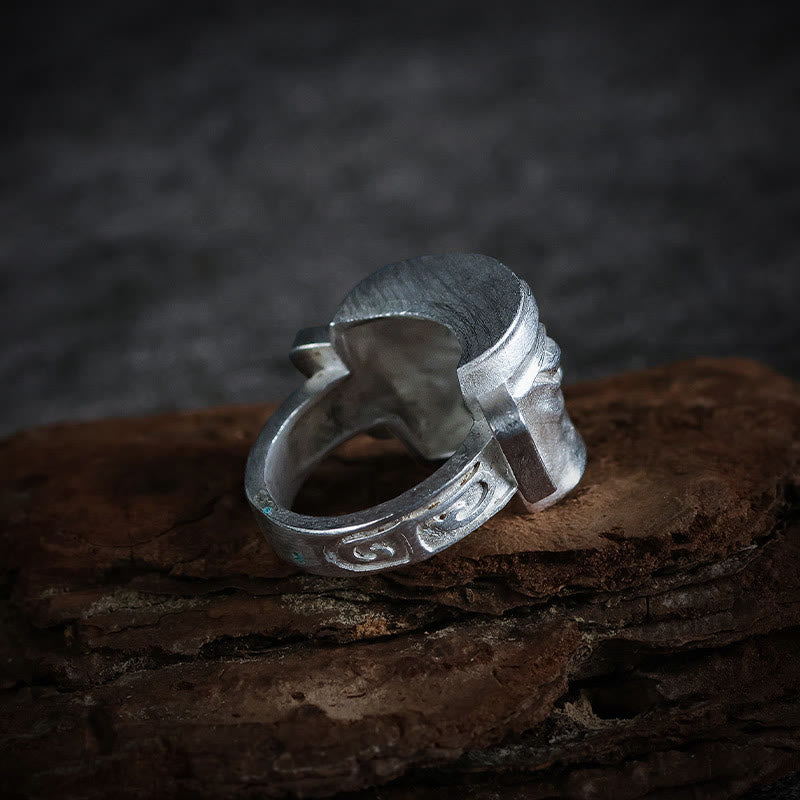 Anillo de protección con máscara de Sanxingdui de plata de ley 999 fundida a mano con Buddha Stones