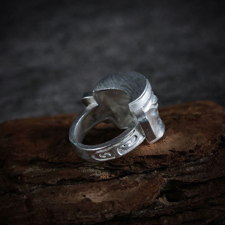 Anillo de protección con máscara de Sanxingdui de plata de ley 999 fundida a mano con Buddha Stones