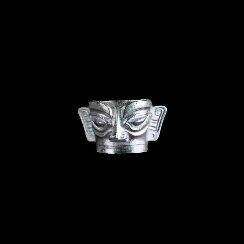 Anillo de protección con máscara de Sanxingdui de plata de ley 999 fundida a mano con Buddha Stones