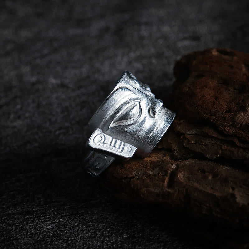 Anillo de protección con máscara de Sanxingdui de plata de ley 999 fundida a mano con Buddha Stones