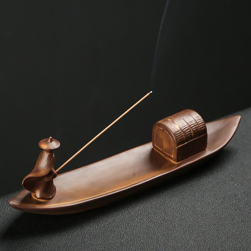 Quemador de incienso de cerámica con Buddha Stones , con forma de pescador, barco de pesca, bambú, curación espiritual, loto