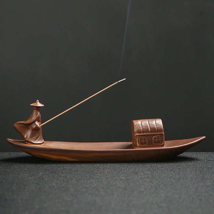 Quemador de incienso de cerámica con Buddha Stones , con forma de pescador, barco de pesca, bambú, curación espiritual, loto