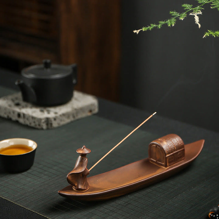 Quemador de incienso de cerámica con Buddha Stones , con forma de pescador, barco de pesca, bambú, curación espiritual, loto