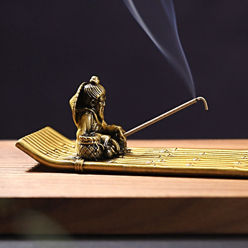 Quemador de incienso de aleación con forma de barco de pesca de bambú y Buddha Stones, quemador de incienso curativo, decoración