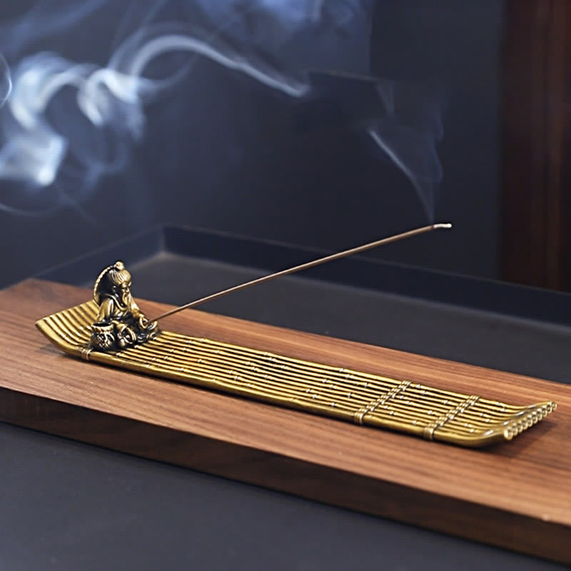 Quemador de incienso de aleación con forma de barco de pesca de bambú y Buddha Stones, quemador de incienso curativo, decoración