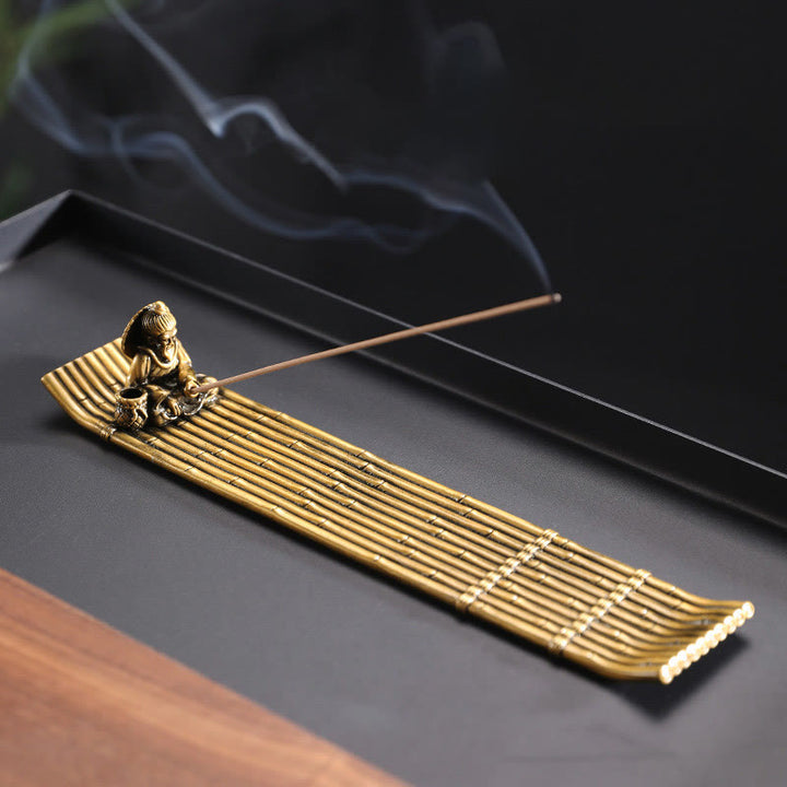 Quemador de incienso de aleación con forma de barco de pesca de bambú y Buddha Stones, quemador de incienso curativo, decoración