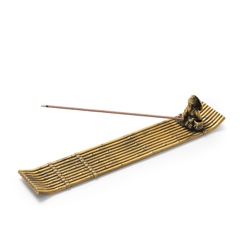 Quemador de incienso de aleación con forma de barco de pesca de bambú y Buddha Stones, quemador de incienso curativo, decoración