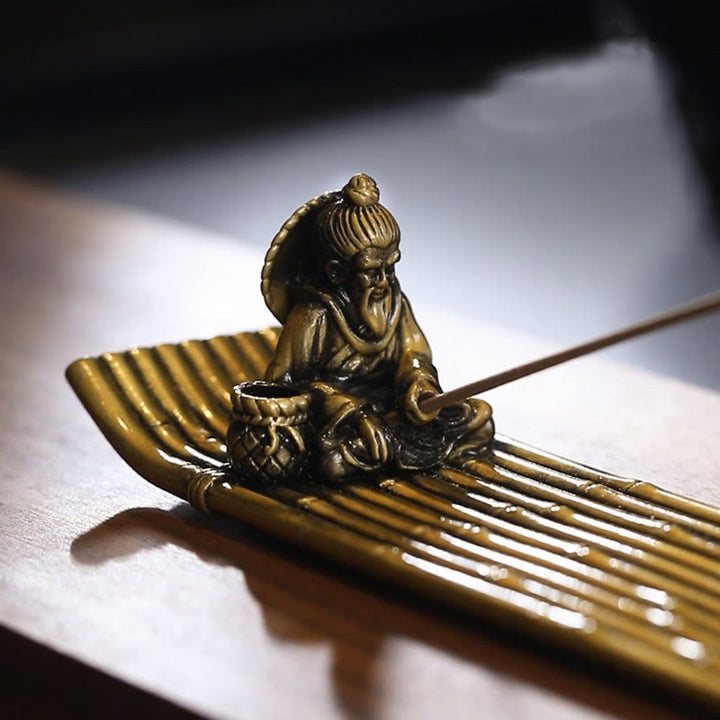 Quemador de incienso de aleación con forma de barco de pesca de bambú y Buddha Stones, quemador de incienso curativo, decoración