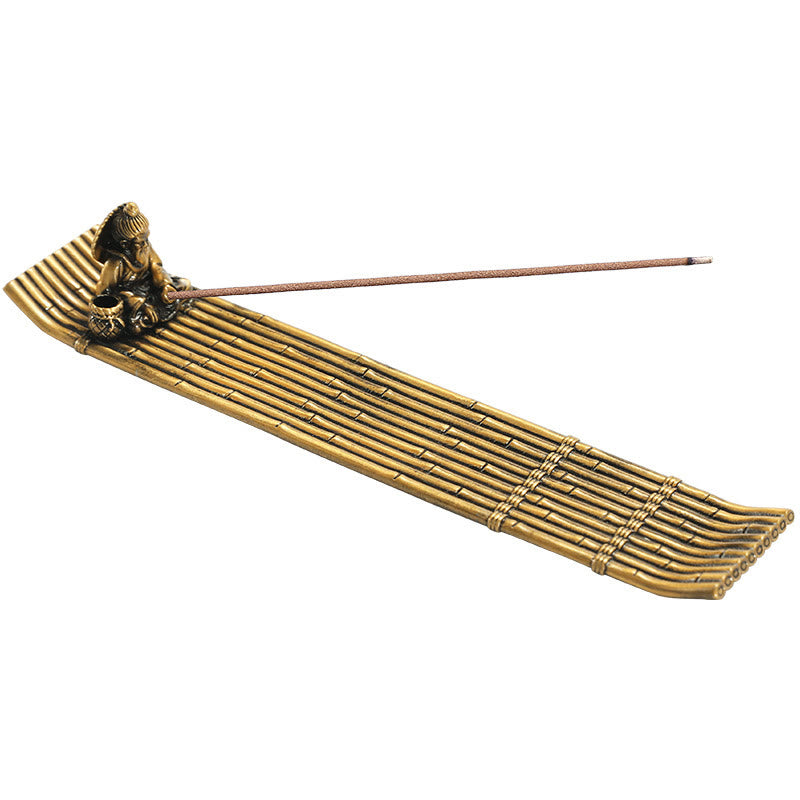 Quemador de incienso de aleación con forma de barco de pesca de bambú y Buddha Stones, quemador de incienso curativo, decoración
