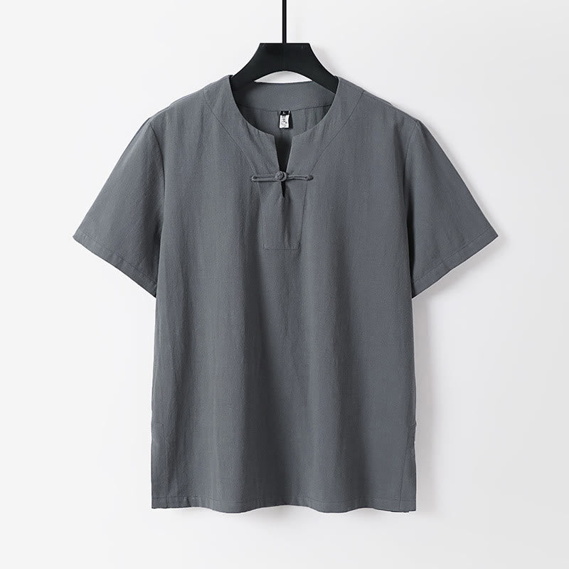 Camisa de lino y algodón con botones de rana y manga corta de color liso con Buddha Stones para hombre - Gris - US/UK/AU54, EU64 (9XL) - image 0