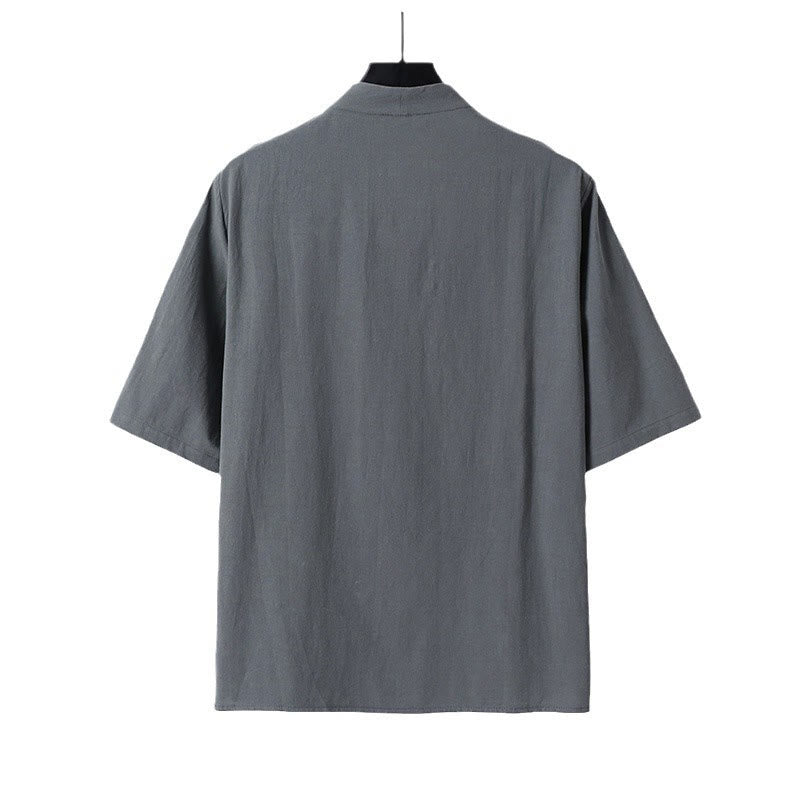 Camisa de lino y algodón con mangas tres cuartos y dos botones de color liso para hombre con estampado de Buddha Stones - image 3