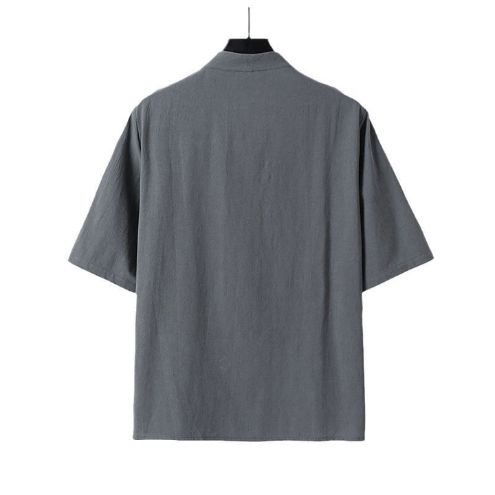 Camisa de lino y algodón con mangas tres cuartos y dos botones de color liso para hombre con estampado de Buddha Stones - image 3
