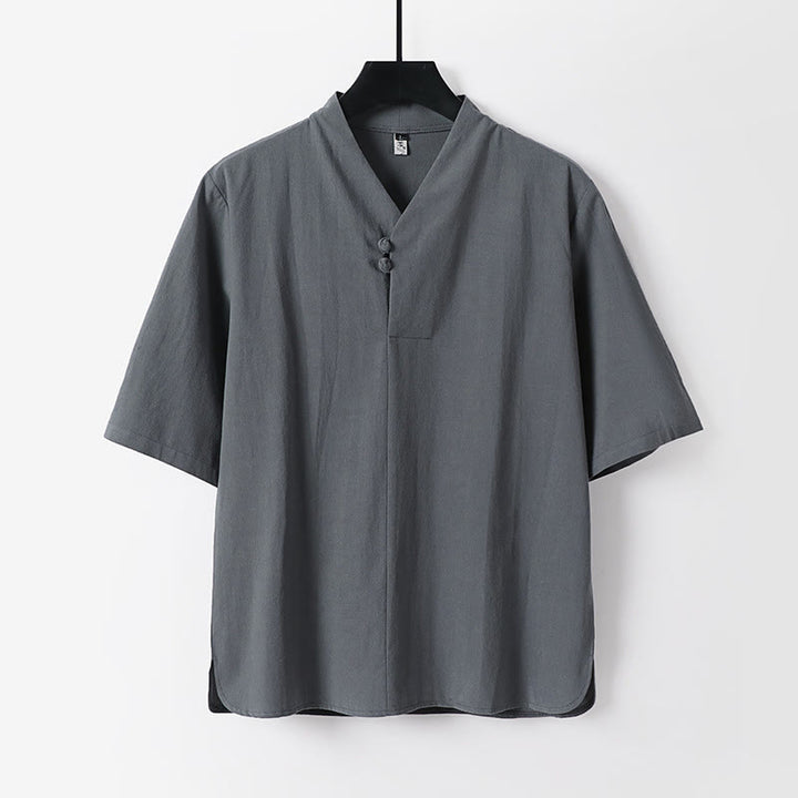 Camisa de lino y algodón con mangas tres cuartos y dos botones de color liso para hombre con estampado de Buddha Stones