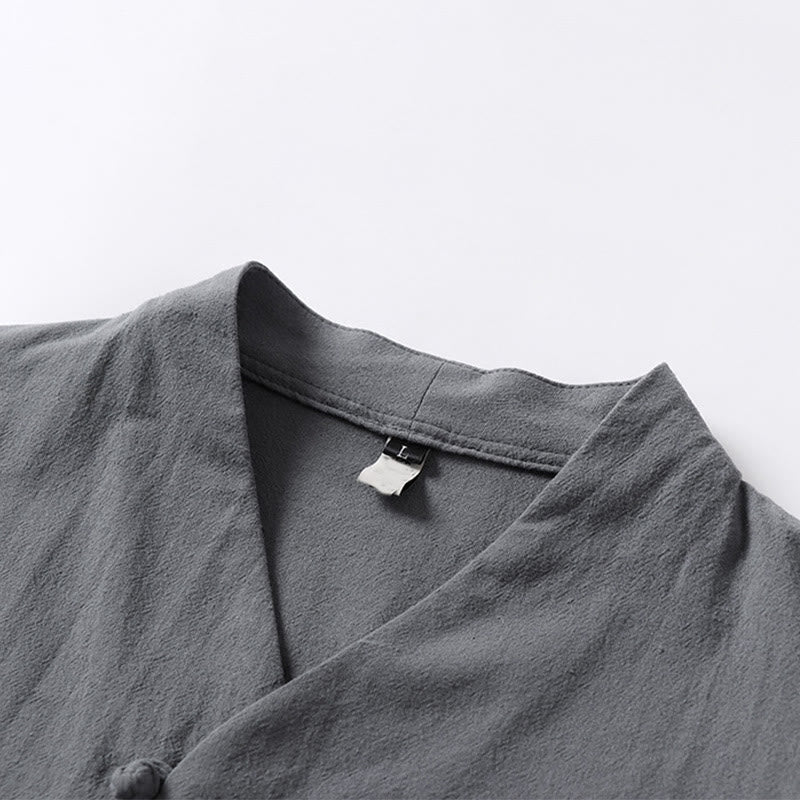 Camisa de lino y algodón con mangas tres cuartos y dos botones de color liso para hombre con estampado de Buddha Stones - image 6