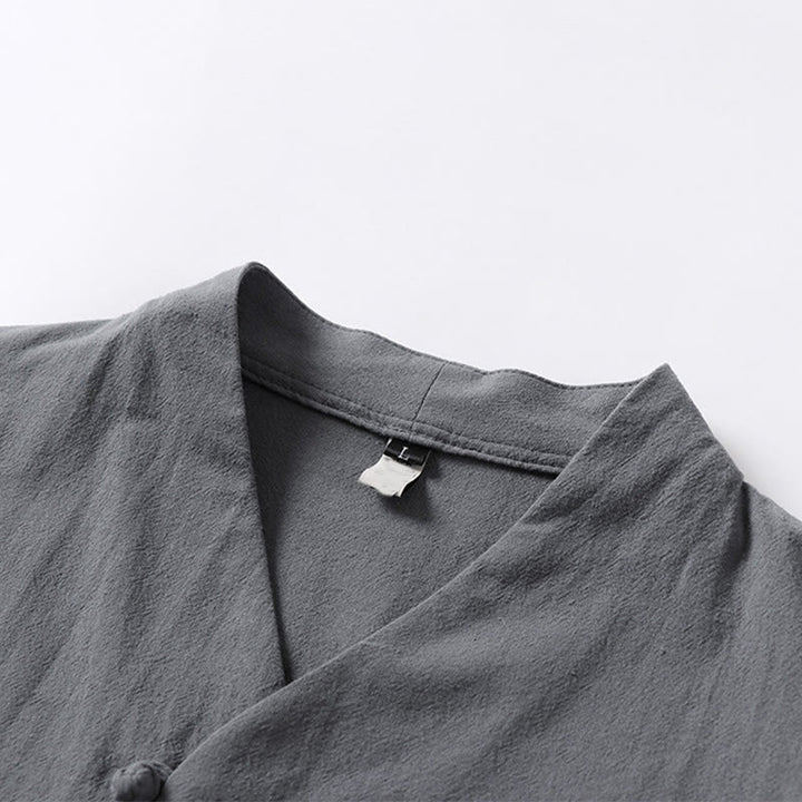 Camisa de lino y algodón con mangas tres cuartos y dos botones de color liso para hombre con estampado de Buddha Stones - image 6