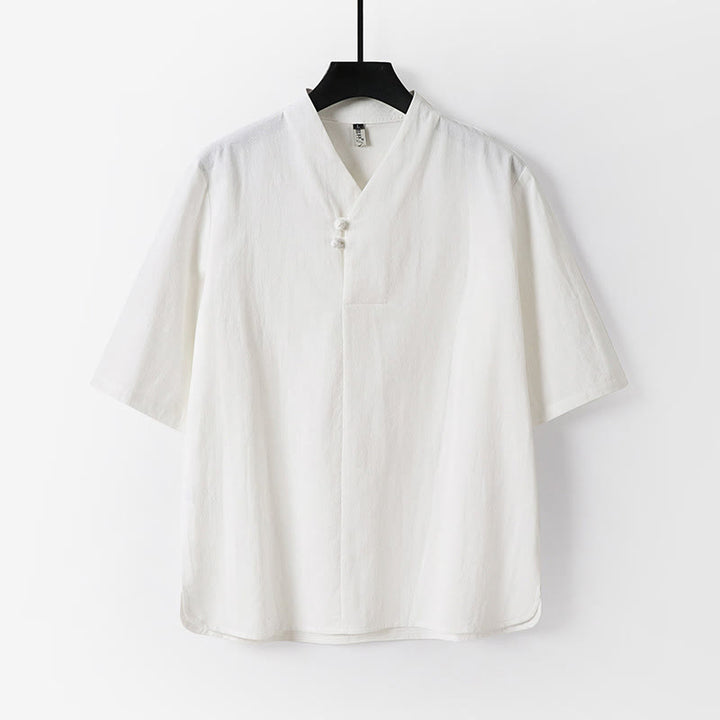 Camisa de lino y algodón con mangas tres cuartos y dos botones de color liso para hombre con estampado de Buddha Stones - Blanco - US/UK/AU54, EU64 (9XL) - image 1