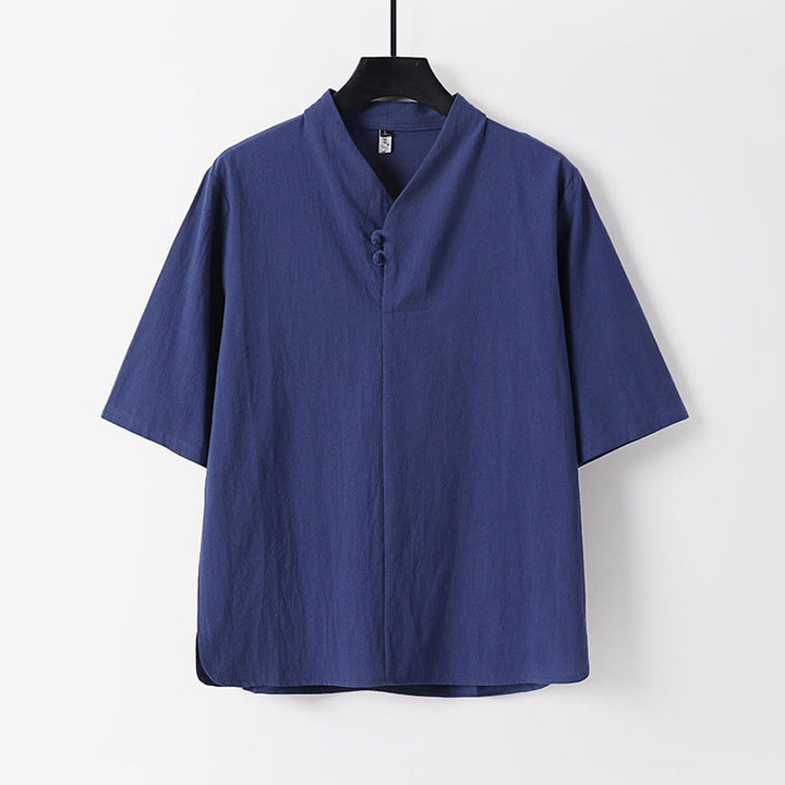 Camisa de lino y algodón con mangas tres cuartos y dos botones de color liso para hombre con estampado de Buddha Stones