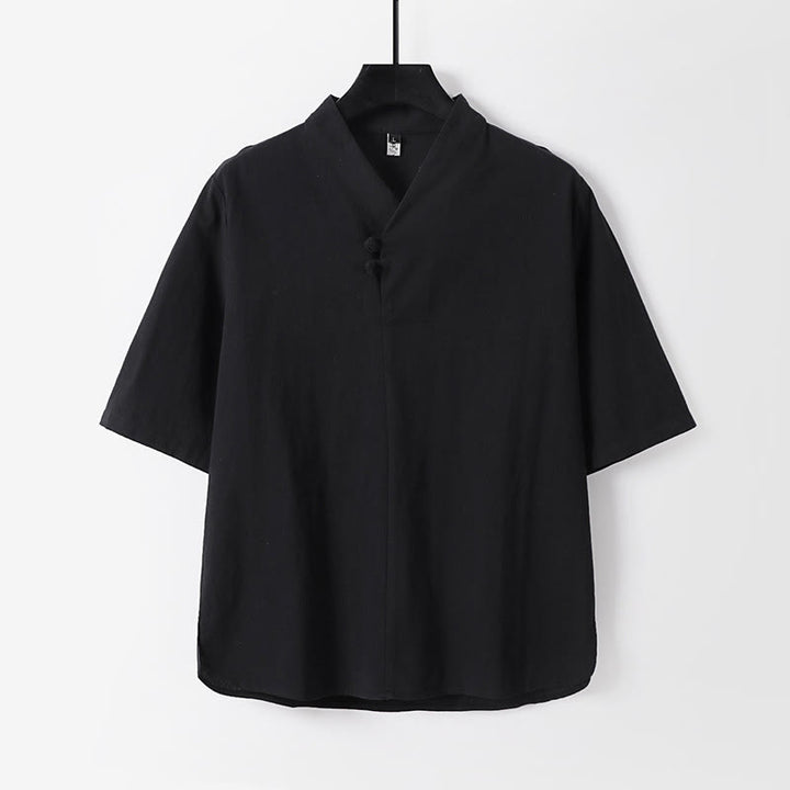 Camisa de lino y algodón con mangas tres cuartos y dos botones de color liso para hombre con estampado de Buddha Stones - Negro - US/UK/AU54, EU64 (9XL) - image 4