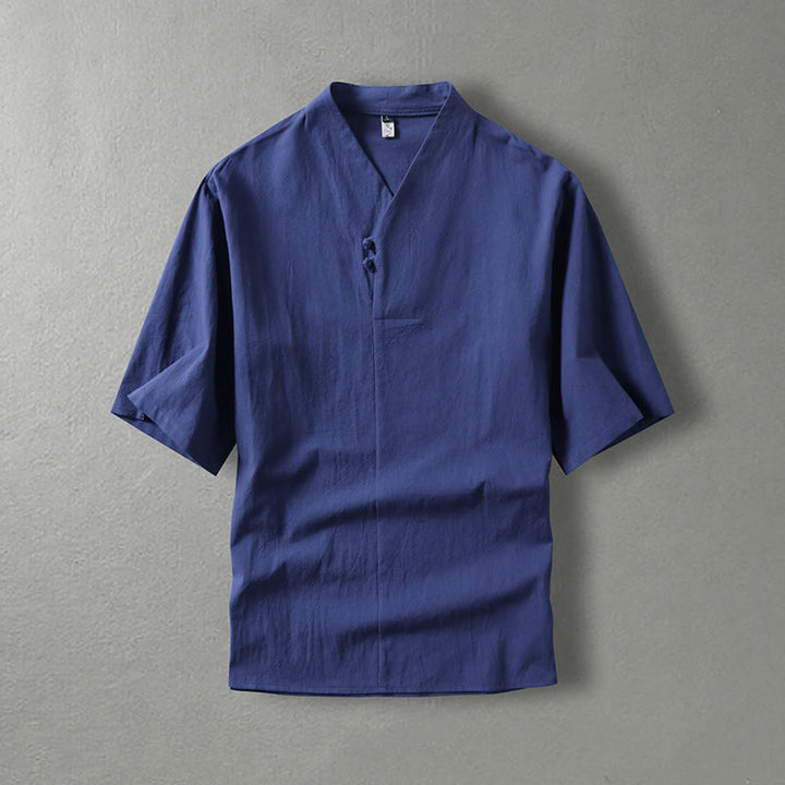 Camisa de algodón para hombre con cuello en V, manga tres cuartos, dos botones y color liso, informal, con Buddha Stones