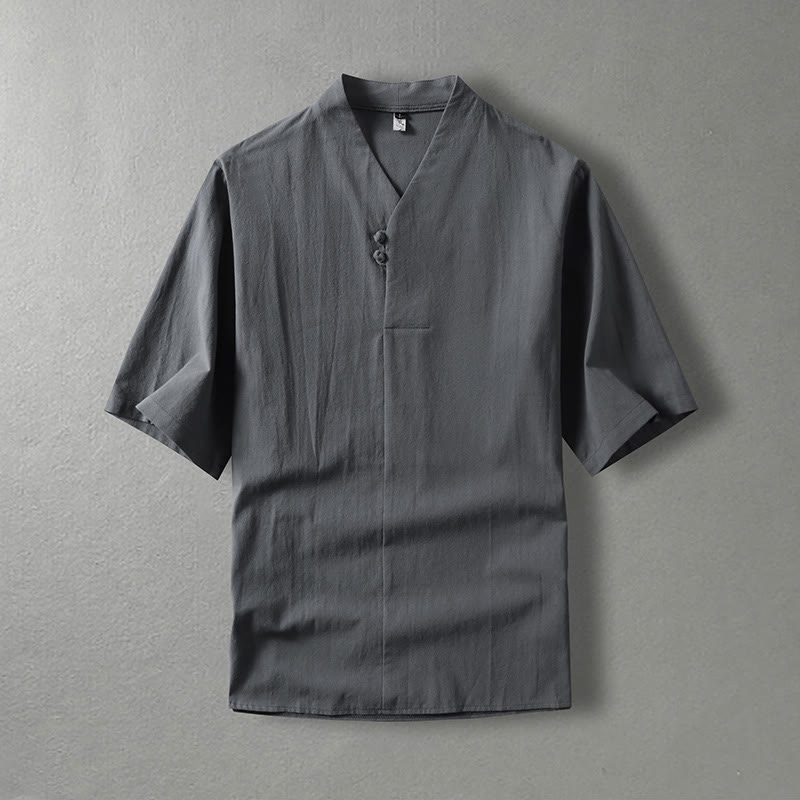 Camisa de algodón para hombre con cuello en V, manga tres cuartos, dos botones y color liso, informal, con Buddha Stones