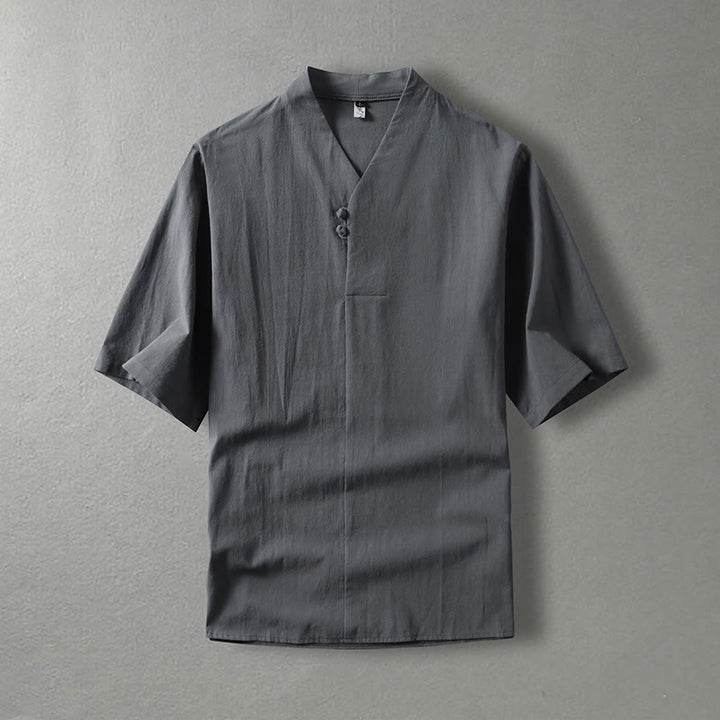 Camisa de algodón para hombre con cuello en V, manga tres cuartos, dos botones y color liso, informal, con Buddha Stones