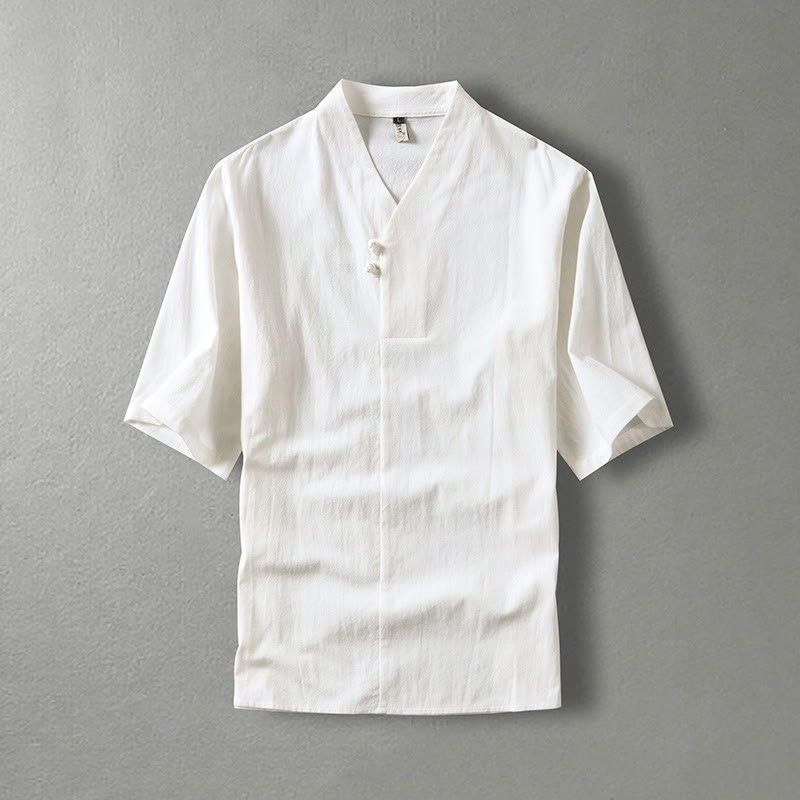 Camisa de algodón para hombre con cuello en V, manga tres cuartos, dos botones y color liso, informal, con Buddha Stones