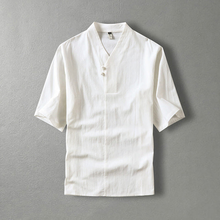 Camisa de algodón para hombre con cuello en V, manga tres cuartos, dos botones y color liso, informal, con Buddha Stones
