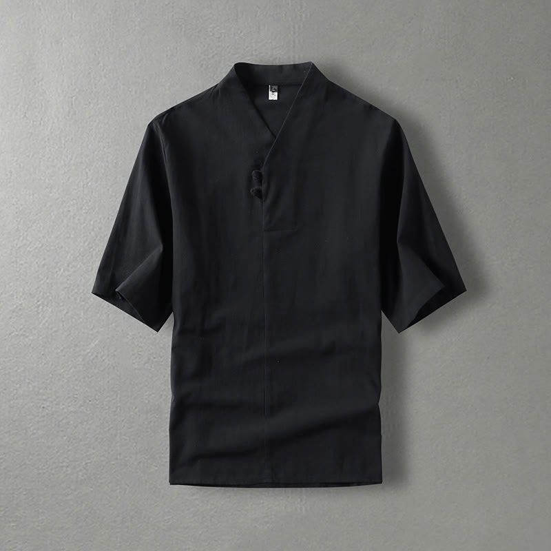 Camisa de algodón para hombre con cuello en V, manga tres cuartos, dos botones y color liso, informal, con Buddha Stones