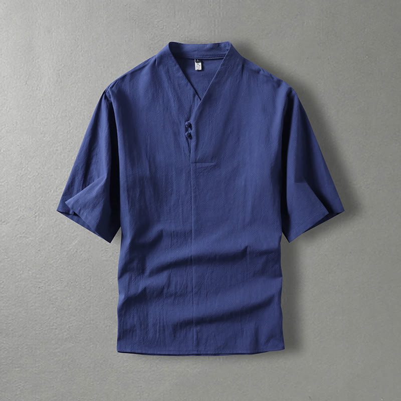 Camisa de algodón para hombre con cuello en V, manga tres cuartos, dos botones y color liso, informal, con Buddha Stones - Azul oscuro - US/UK/AU54, EU64 (9XL) - image 0