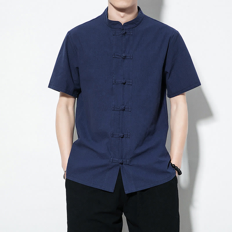 Camisa de lino de manga corta para hombre, traje chino estilo Tang, informal, de color liso, con botones de rana en la parte delantera y Buddha Stones - Azul oscuro - US/UK/AU46, EU56 (5XL) - image 0