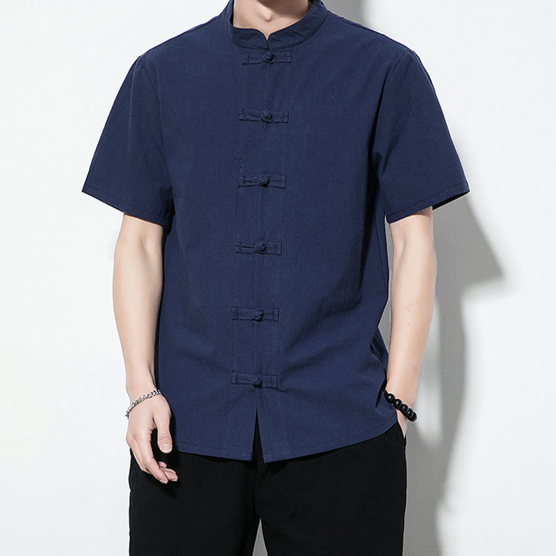 Camisa de lino de manga corta para hombre, traje chino estilo Tang, informal, de color liso, con botones de rana en la parte delantera y Buddha Stones - image 1