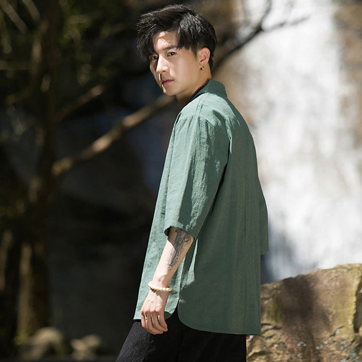 Camisa de lino y algodón con cuello en V, manga tres cuartos y dos botones, informal, de color liso, para hombre con Buddha Stones