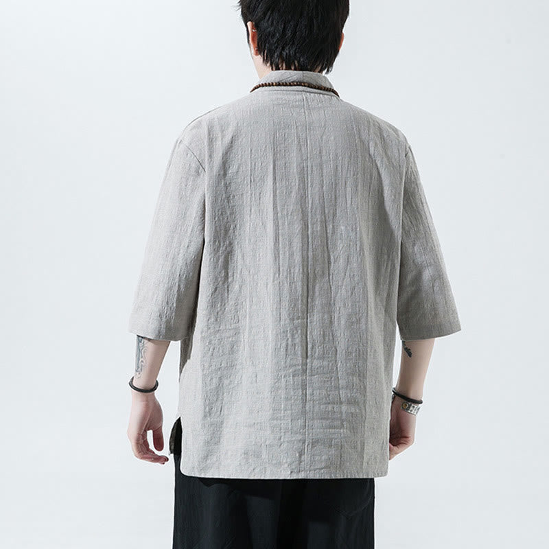 Camisa de lino y algodón con cuello en V, manga tres cuartos y dos botones, informal, de color liso, para hombre con Buddha Stones - image 4