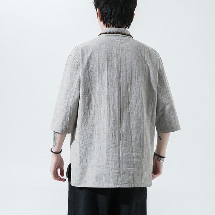 Camisa de lino y algodón con cuello en V, manga tres cuartos y dos botones, informal, de color liso, para hombre con Buddha Stones