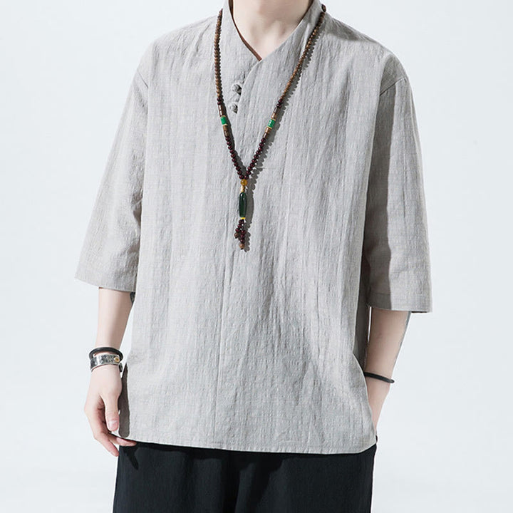 Camisa de lino y algodón con cuello en V, manga tres cuartos y dos botones, informal, de color liso, para hombre con Buddha Stones