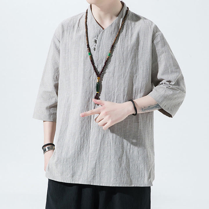 Camisa de lino y algodón con cuello en V, manga tres cuartos y dos botones, informal, de color liso, para hombre con Buddha Stones