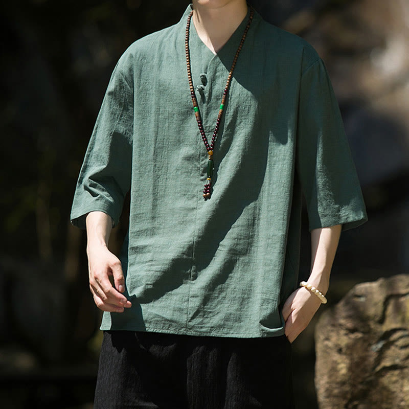 Camisa de lino y algodón con cuello en V, manga tres cuartos y dos botones, informal, de color liso, para hombre con Buddha Stones