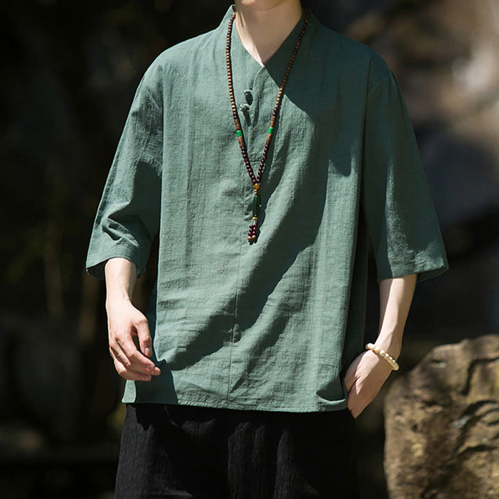 Camisa de lino y algodón con cuello en V, manga tres cuartos y dos botones, informal, de color liso, para hombre con Buddha Stones