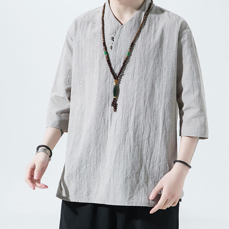 Camisa de lino y algodón con cuello en V, manga tres cuartos y dos botones, informal, de color liso, para hombre con Buddha Stones