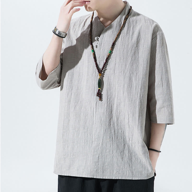 Camisa de lino y algodón con cuello en V, manga tres cuartos y dos botones, informal, de color liso, para hombre con Buddha Stones