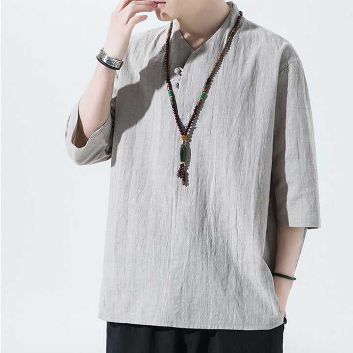 Camisa de lino y algodón con cuello en V, manga tres cuartos y dos botones, informal, de color liso, para hombre con Buddha Stones